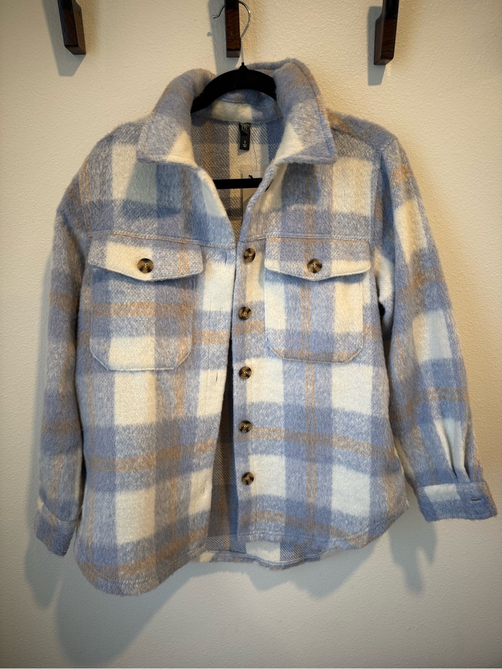 Francesca's Collections Plaid Shacket in Light Blue & Cream with Tan Accents